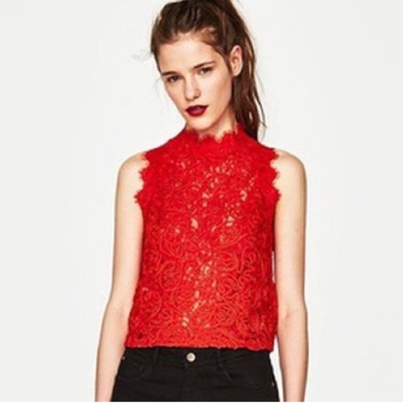 Zara Tops - Zara Red Lace Sleeveless Crop Top Back Zipper Women’s Size Small